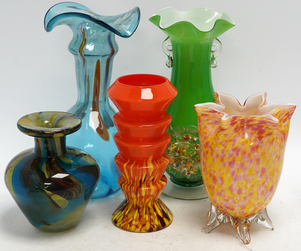 Five ornamental coloured vases, including a Mdina Tiger vase and a Viking vase, tallest 25cm high. Condition - fair to good, no visible cracks